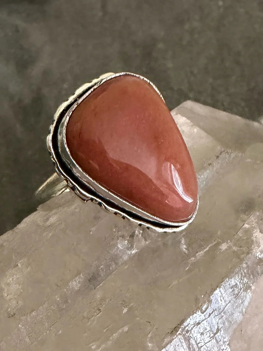 Genuine Peach Moonstone Teardrop Silver Ring